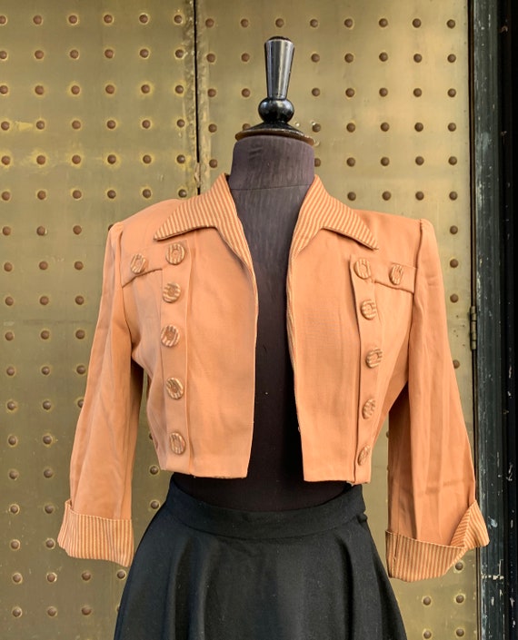 40's gabardine beige/brown open short jacket