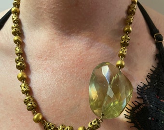 90s Citrine necklace. Big nugget High Quality Citrine, Rarely Large Citrine attached with open carved metal beads wire wrap