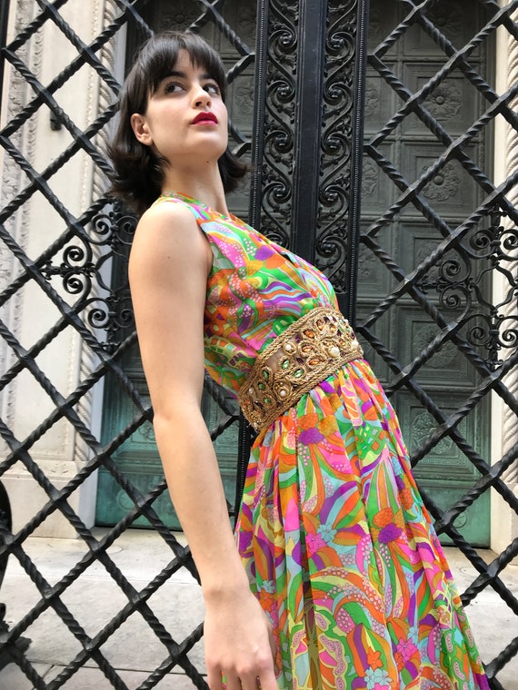 60's neon multi color maxi dress, party dress, be… - image 7