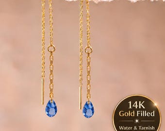 Orecchini pendenti a goccia "Something Blue" in oro con zirconi blu, orecchini a catena con pietre - Venduti in coppia