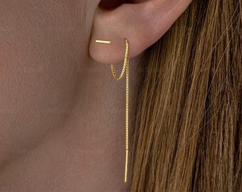 Threader Earrings Bar, Gold Chain Earrings, Cartilage Chain Earrings, Thread Earring, Minimalist Earring, Double Piercing, Two Hole Earrings