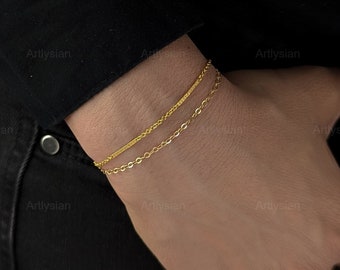 Conjunto de 2 pulseras apilables chapadas en oro de 14k, conjunto de pulseras único, multipack de pulseras, pulseras de diseño, pulseras minimalistas, cadenas finas