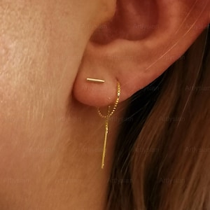 Gold chain earring double piercing, Two hole earring, Minimal bar earring, Gold threaded, Earring chain, Dainty, Silver threader - Artlysian