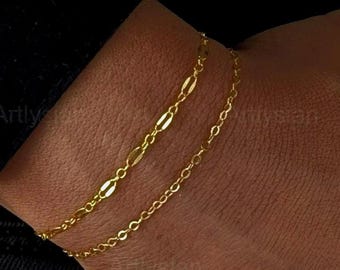 Conjunto de 2 pulseras chapadas en oro de 14 quilates, pulseras apilables delicadas, conjunto de pulseras de cadena minimalistas, conjunto de pulseras de oro ajustables para combinar.