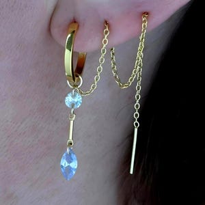Drop Gold Hoop Earrings for Double Piercings, Chain Connected Double  piercing, gold earring sets for multiple piercings, Tripple piercing