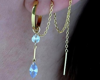 Drop Gold Hoop Earrings for Double Piercings, Chain Connected Double  piercing, gold earring sets for multiple piercings, Tripple piercing