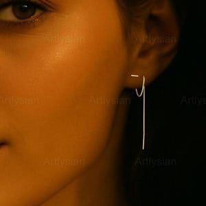 Threader Bar Earrings – Minimalist 925 Sterling Silver & 18K Gold Plated Pull-Through Design for Multiple Piercings - Double piercing chain