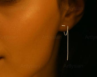 Threader Bar Earrings – Minimalist 925 Sterling Silver & 18K Gold Plated Pull-Through Design for Multiple Piercings - Double piercing chain