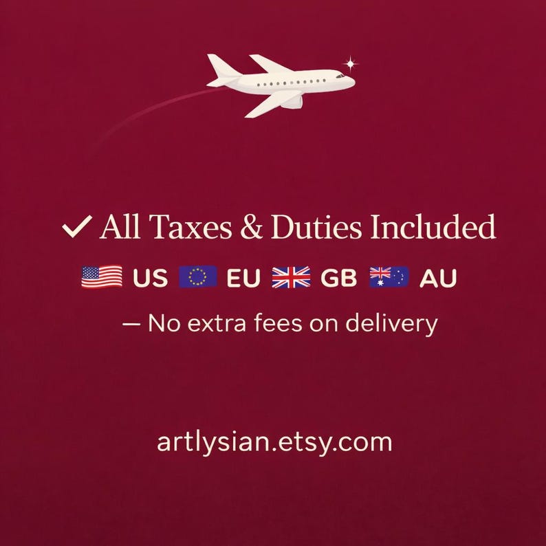 May include: A burgundy graphic with a white airplane illustration and text that reads "All Taxes & Duties Included" with flags for US, EU, GB, and AU. The text "No extra fees on delivery" is also included.