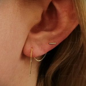 Gold chain earring double piercing, Two hole earring, Minimal bar earring, Gold threaded, Earring chain, Dainty, Silver threader earrings image 8