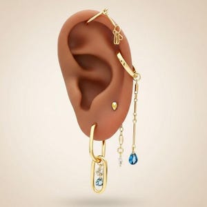 Pendiente de espalda plana con aros dorados, pendiente curado en oro, aro doble rectangular con circonita cúbica, juego de 4 pendientes apilados en plata