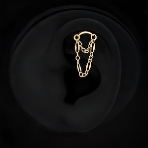 Orecchino a barra curva Hidden Helix con doppia catena per cartilagine, elice o lobo, calibro 16, gioiello per piercing, perno piatto a vite, catena per piercing all'orecchio in oro