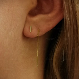 Gold chain earring double piercing, Two hole earring, Minimal bar earring, Gold threaded, Earring chain, Dainty, Silver threader earrings image 3