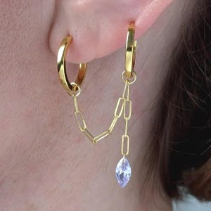 Double hoop earrings connected, Hoop stone drop earrings, Multiple Hoop Earrings Chain Connected Double  piercing, gold earring sets, hex
