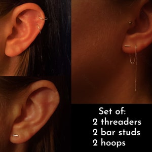 Minimalist set of 3 pairs of earrings, Threader bars in set with bar studs and hoops zdjęcie 1