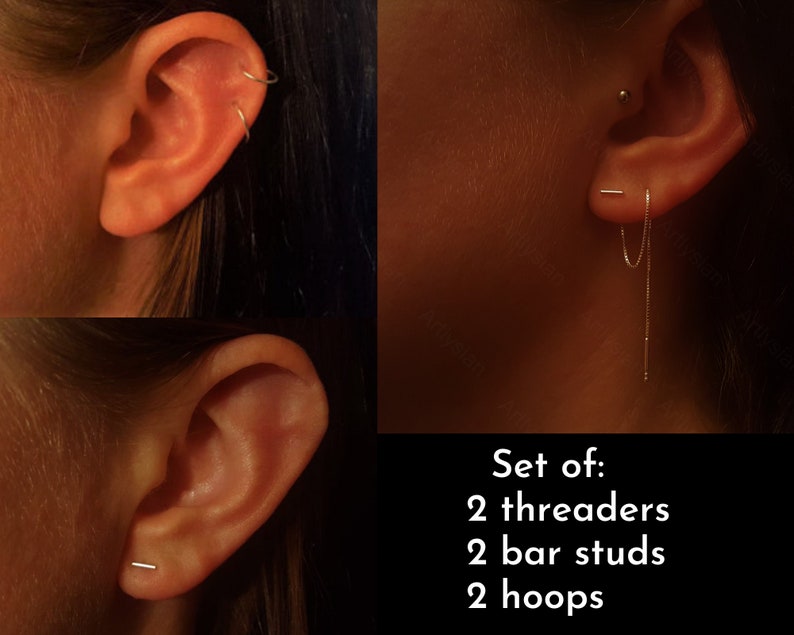 Minimalist set of 3 pairs of earrings, Threader bars in set with bar studs and hoops zdjęcie 1