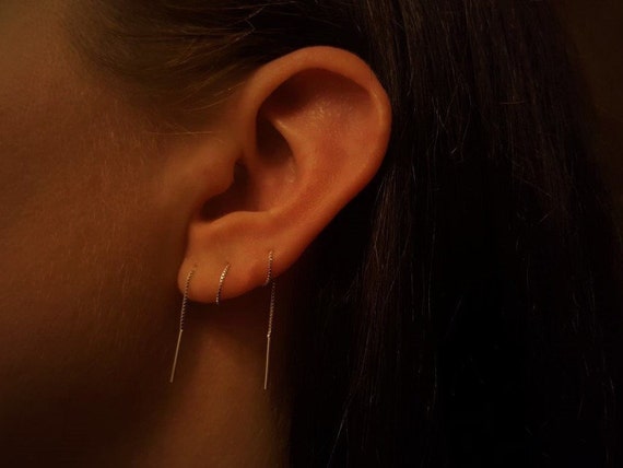 Rose Gold Ear Climber, Modern Ear Cuff, Pin Through Earring With Double  Chains | eBay