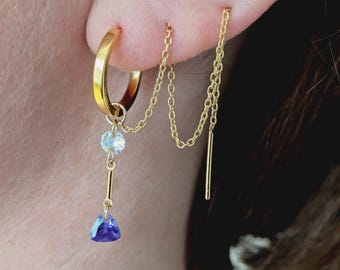 Purple and White Stones Gold Hoop Earrings for Double Piercings, Multiple Hoop Earrings Chain Connected Double  piercing, gold earring sets