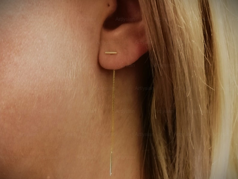 Gold chain earring double piercing, Two hole earring, Minimal bar earring, Gold threaded, Earring chain, Dainty, Silver threader earrings image 6