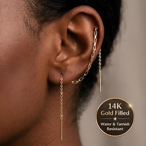 Double Piercing Chain Earring Gold, Helix to Lobe Chain, Threader Ear Chain, Two Hole Earring Chain, Minimalist 14K Gold Filled Two Hole