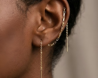Pendiente de cadena doble perforada de oro, cadena de hélice a lóbulo, cadena de oreja de enhebrado, cadena de pendiente de dos agujeros, minimalista, relleno de oro de 14 quilates de dos agujeros