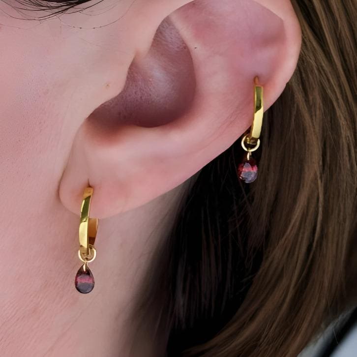 Red Stone Gold Hoop Earrings for Lobe and Cartilage , Connected Double  piercing, gold earring sets for multiple piercings, Simple everyday