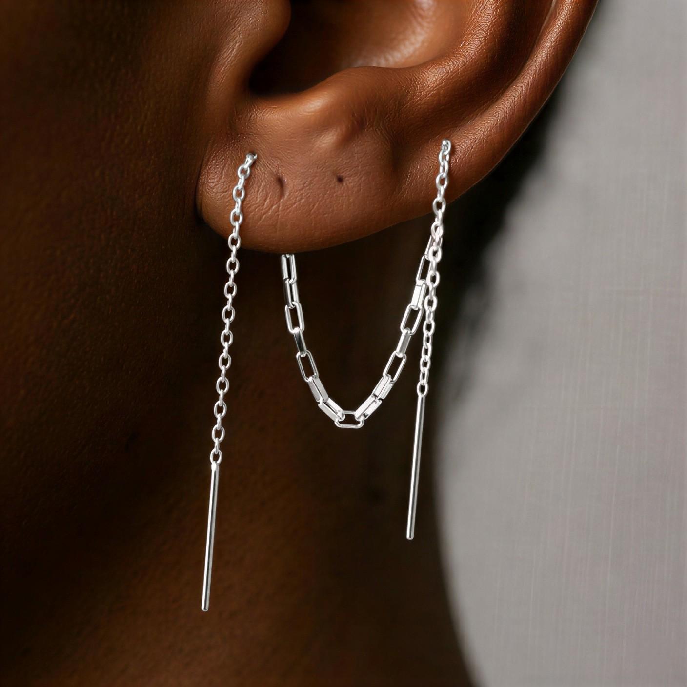 Double Piercing Chain Earring Gold, Helix to Lobe Chain, Threader Ear ...