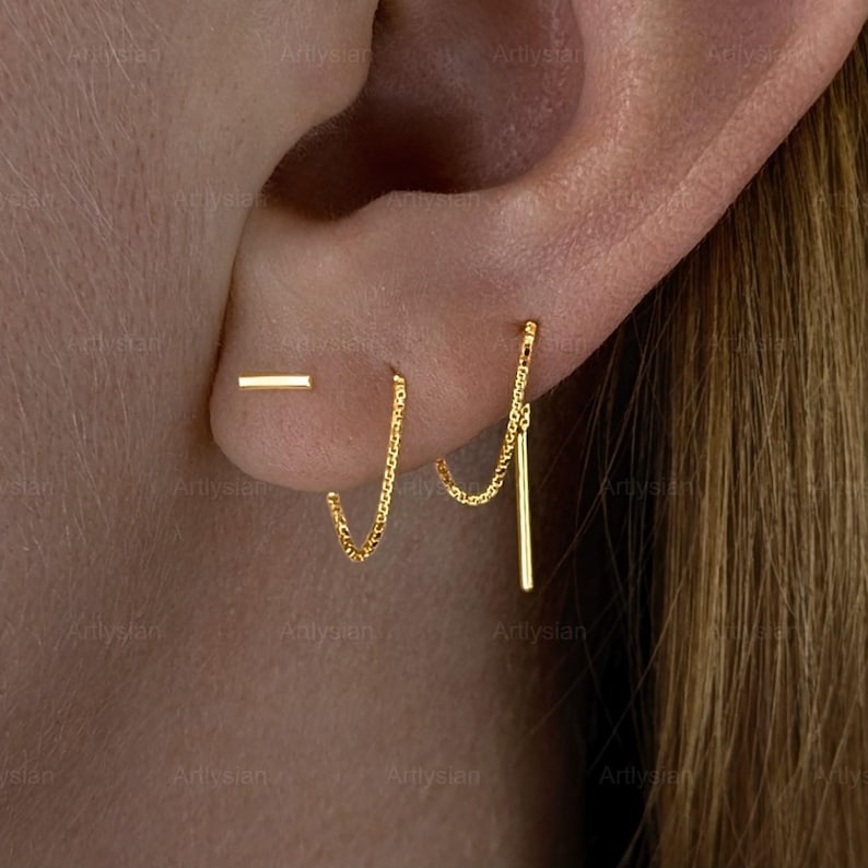 Gouden en zilveren oorbellen voor meerdere piercings, oorbellen inrijger, doortrekketting, oorketting goudinrijger, oorbellen 925 doorrijgen afbeelding 11