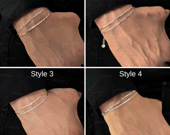 Conjunto de pulseras de plata de ley en capas, pulseras de cadena minimalistas, lote de pulseras, pulseras delicadas, pulseras ajustables, cadena sin níquel