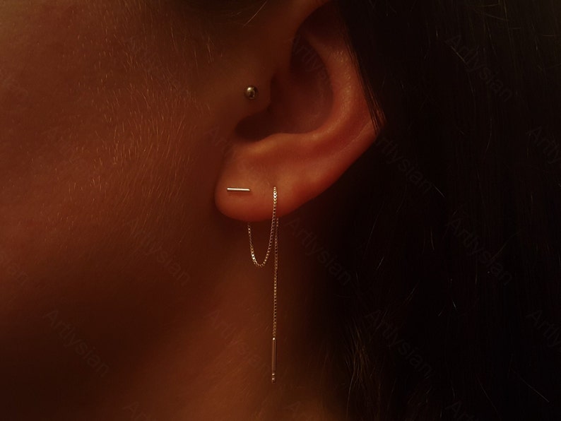Minimalist set of 3 pairs of earrings, Threader bars in set with bar studs and hoops zdjęcie 2