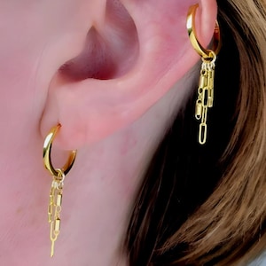 Gold Hoops with drop chains, Multiple Hoop Earrings Styles Helix-Cartilage Double  piercing, gold earring sets for multiple piercings, hex