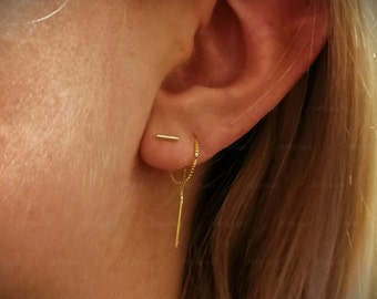 Gold chain earring double piercing, Two hole earring, Minimal bar earring, Gold threaded, Earring chain, Dainty, Silver threader earrings
