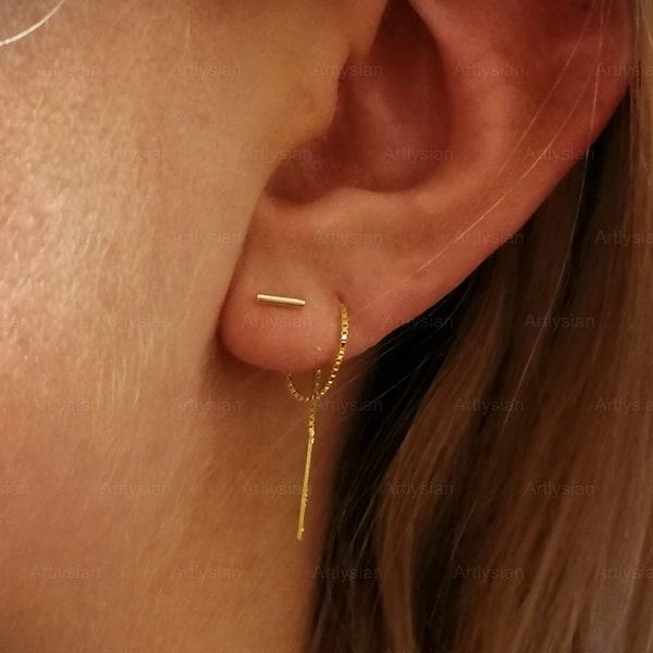 Gold chain earring double piercing, Two hole earring, Minimal bar earring, Gold threaded, Earring chain, Dainty, Silver threader earrings