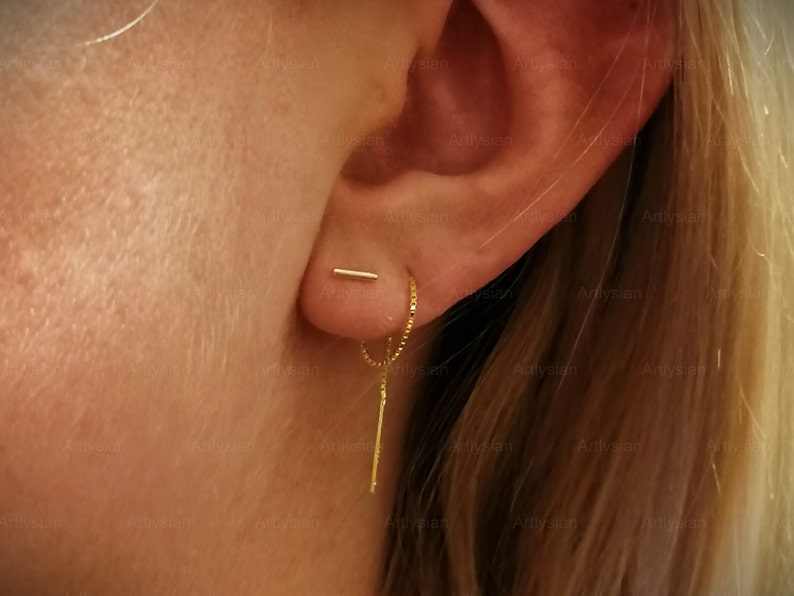 Gold chain earring double piercing, Two hole earring, Minimal bar earring, Gold threaded, Earring chain, Dainty, Silver threader earrings image 1