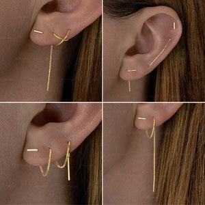 Thread earrings, Pull through earring, double piercing earring chain, ear thread, bar threader earring, ear chain two hole piercing multiple