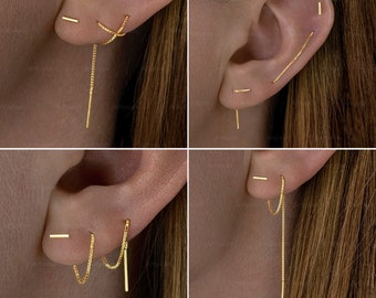 Thread earrings, Pull through earring, double piercing earring chain, ear thread, bar threader earring, ear chain two hole piercing multiple