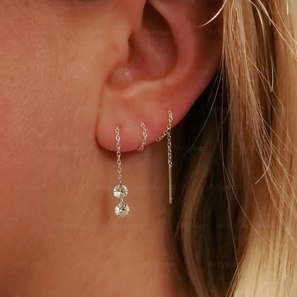 Threader earrings with stone, Threader earrings sterling silver, crystal threader earrings, stone earrings threader, double piercing threade