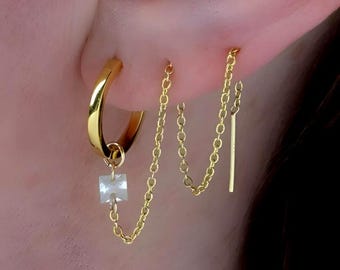 Gold Hoop Connected to Threader Earring for Multiple piercings Hoop Earrings Chain Connected Double  piercing, gold earring sets, tripple