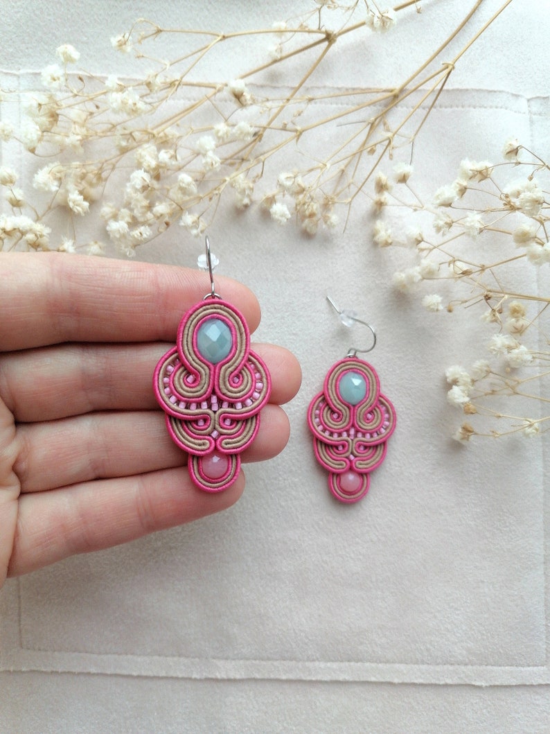 Pink blue earrings Long soutache earrings Beige earrings Christmas earrings Unique gift for her Light blue earrings Light dangling earrings