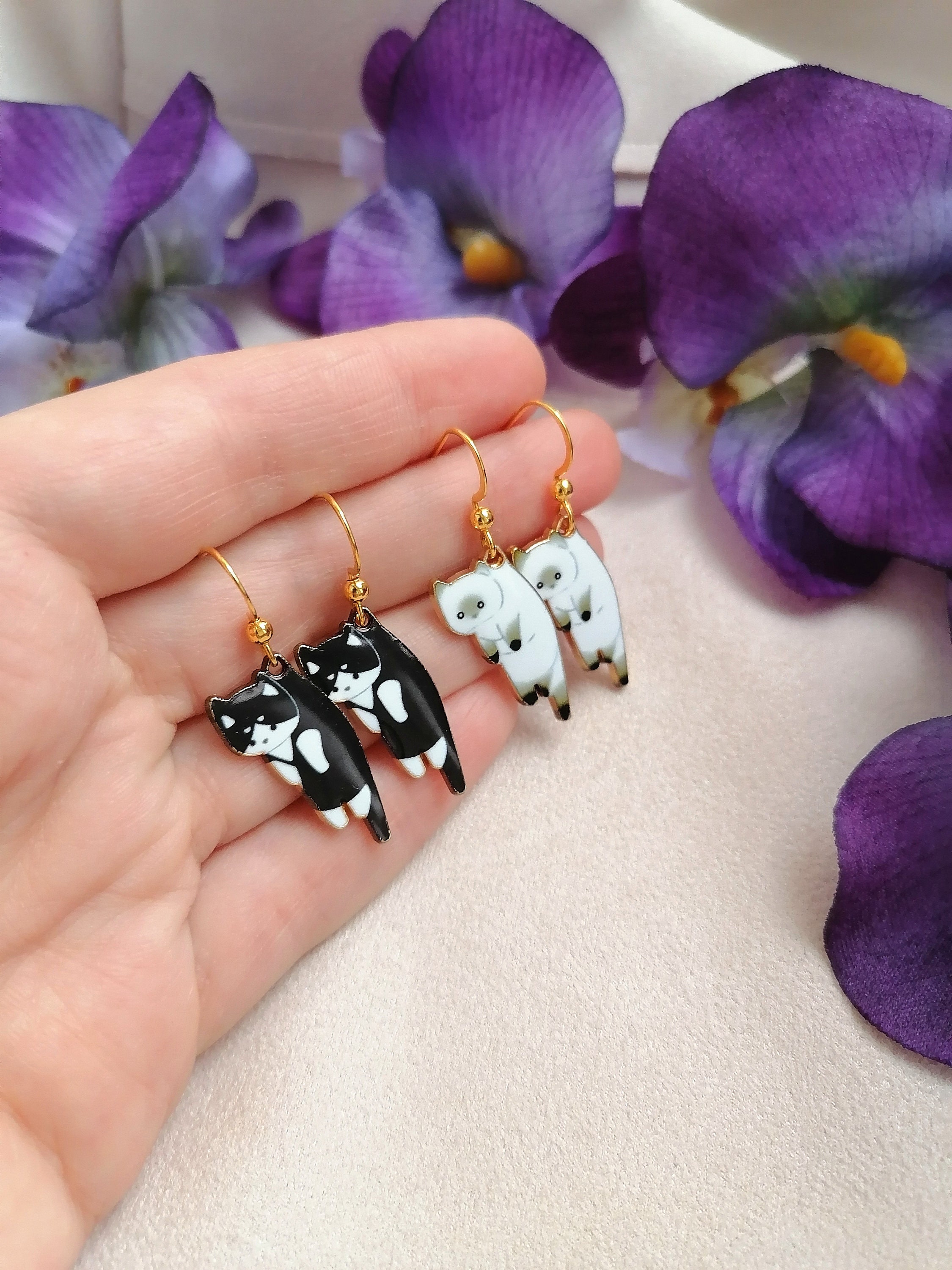 Funny earrings dangle Funny cat earrings Black cat earrings Etsy