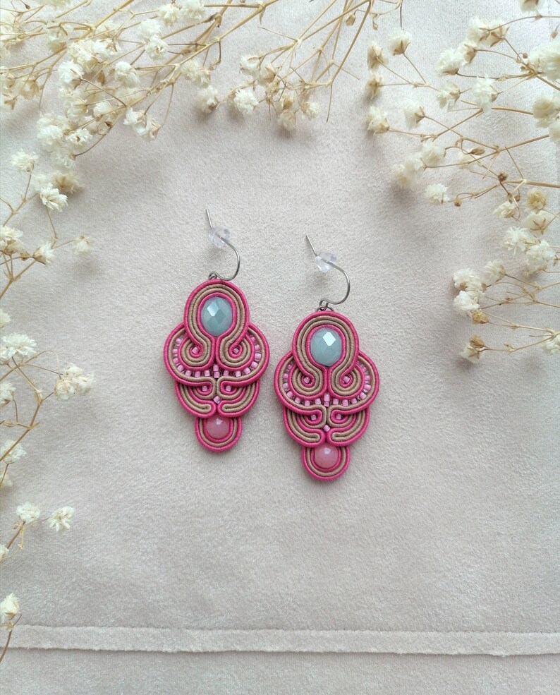 Pink blue earrings Long soutache earrings Beige earrings Christmas earrings Unique gift for her Light blue earrings Light dangling earrings
