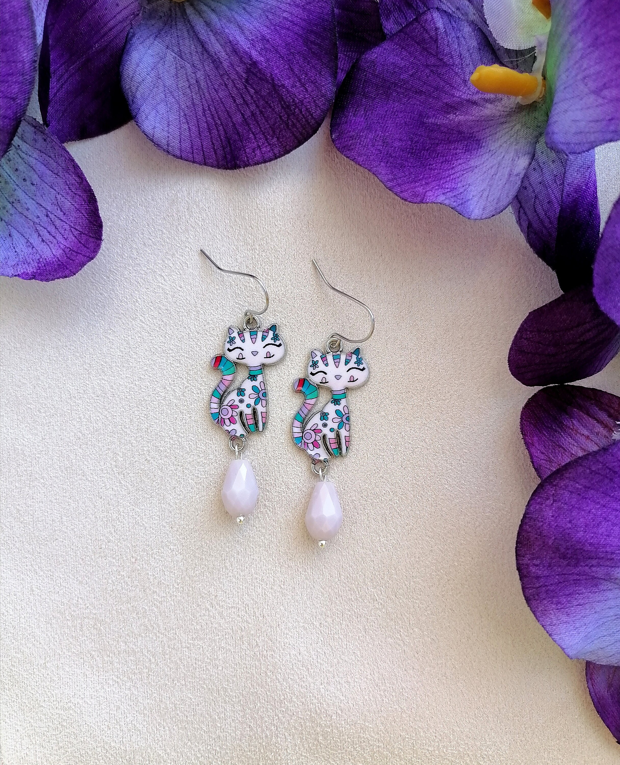 Dangle cat earrings Funny earrings Funny dangle earrings Pink Etsy