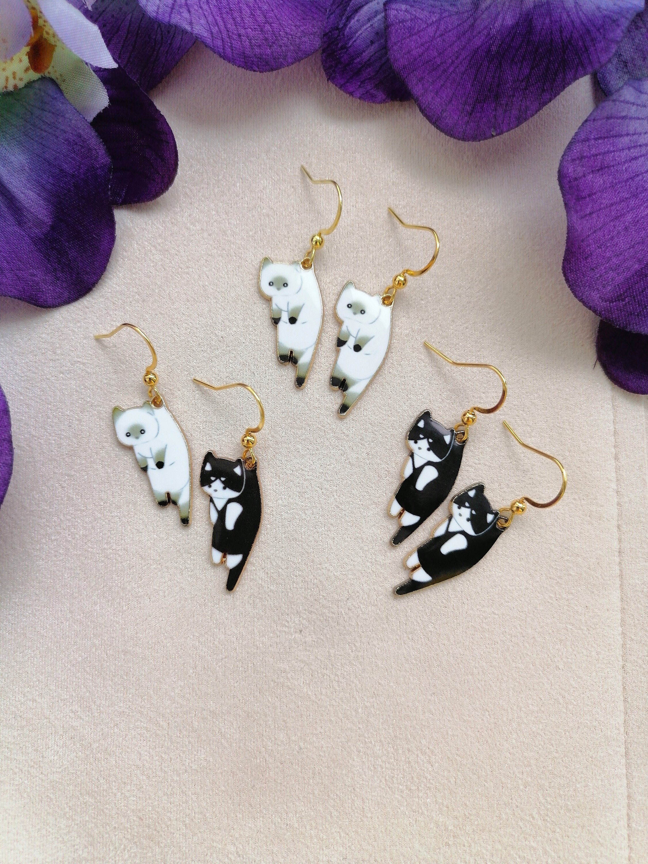 Funny earrings dangle Funny cat earrings Black cat earrings Etsy