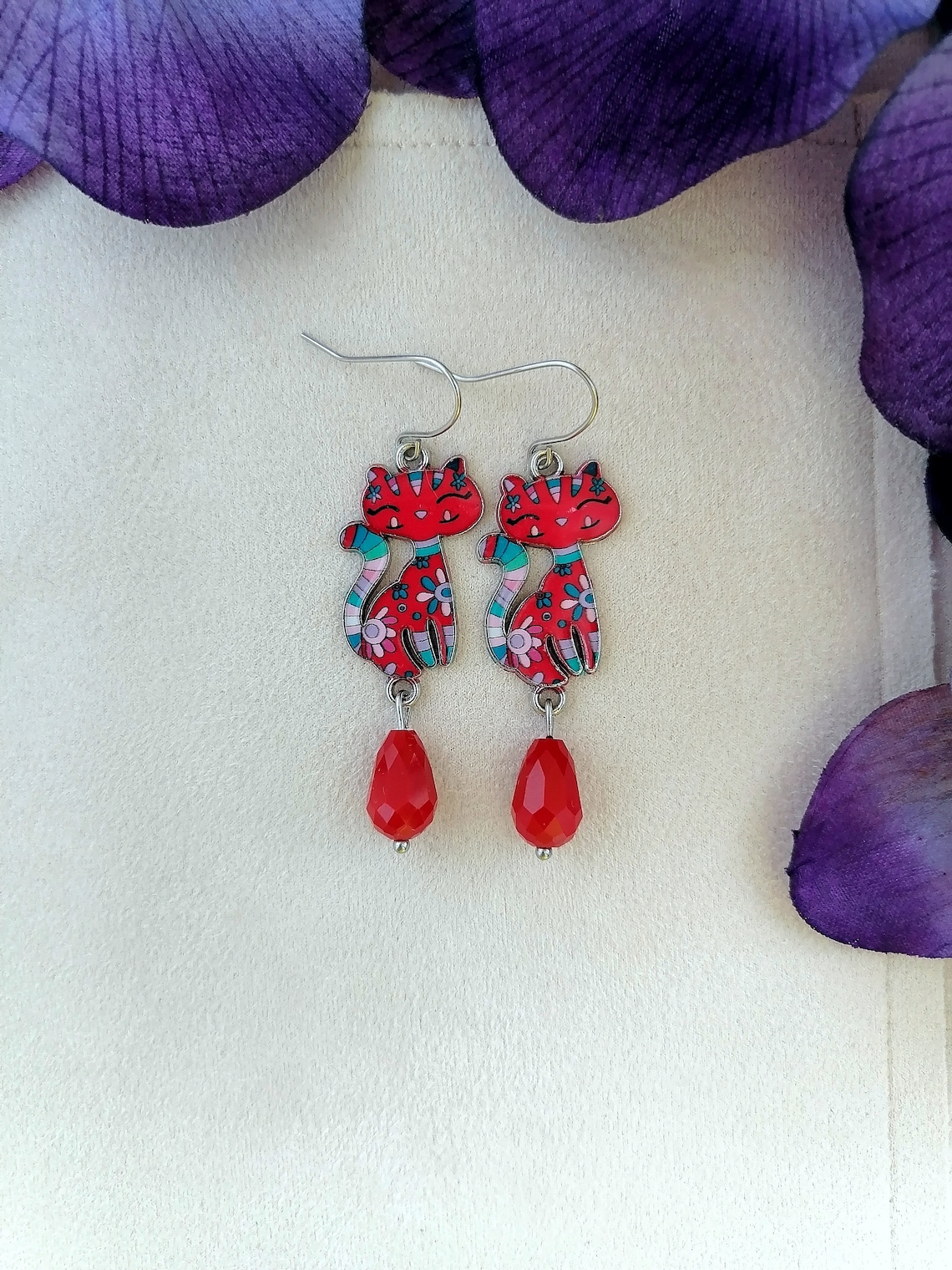 Dangle cat earrings Funny earrings Funny dangle earrings Pink Etsy