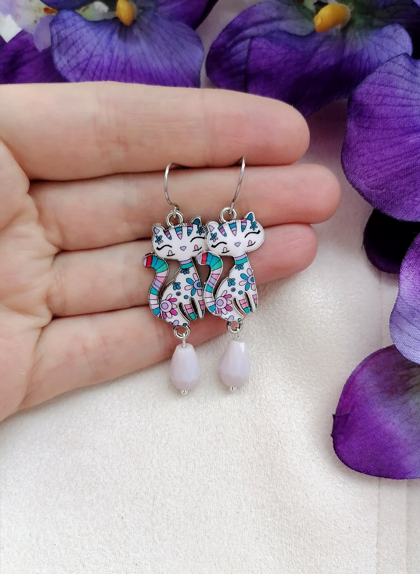 Dangle cat earrings Funny earrings Funny dangle earrings Pink Etsy