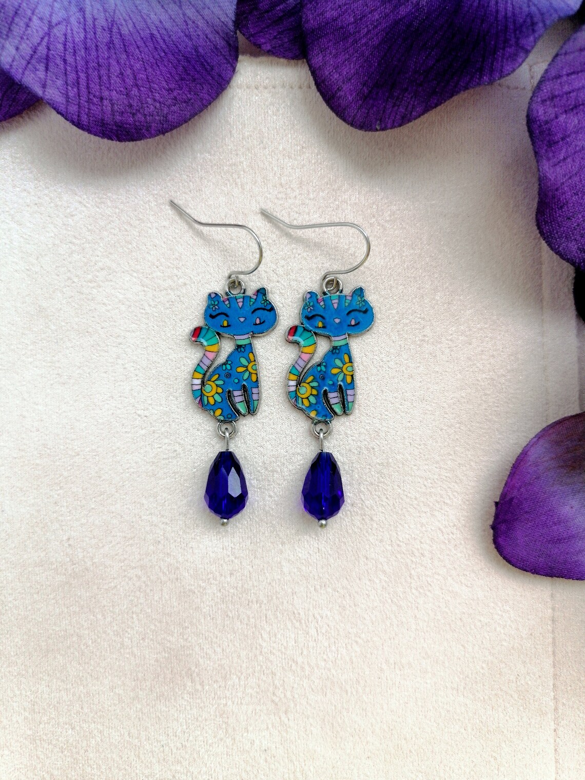 Dangle cat earrings Funny earrings Funny dangle earrings Pink Etsy