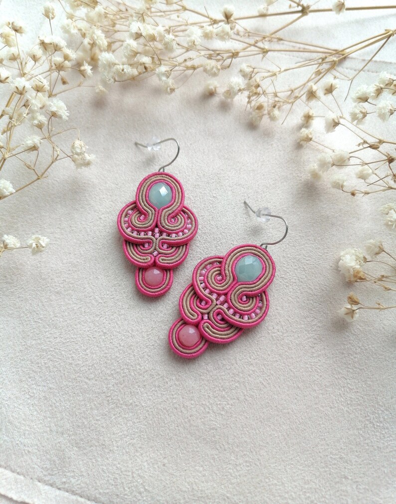 Pink blue earrings Long soutache earrings Beige earrings Christmas earrings Unique gift for her Light blue earrings Light dangling earrings