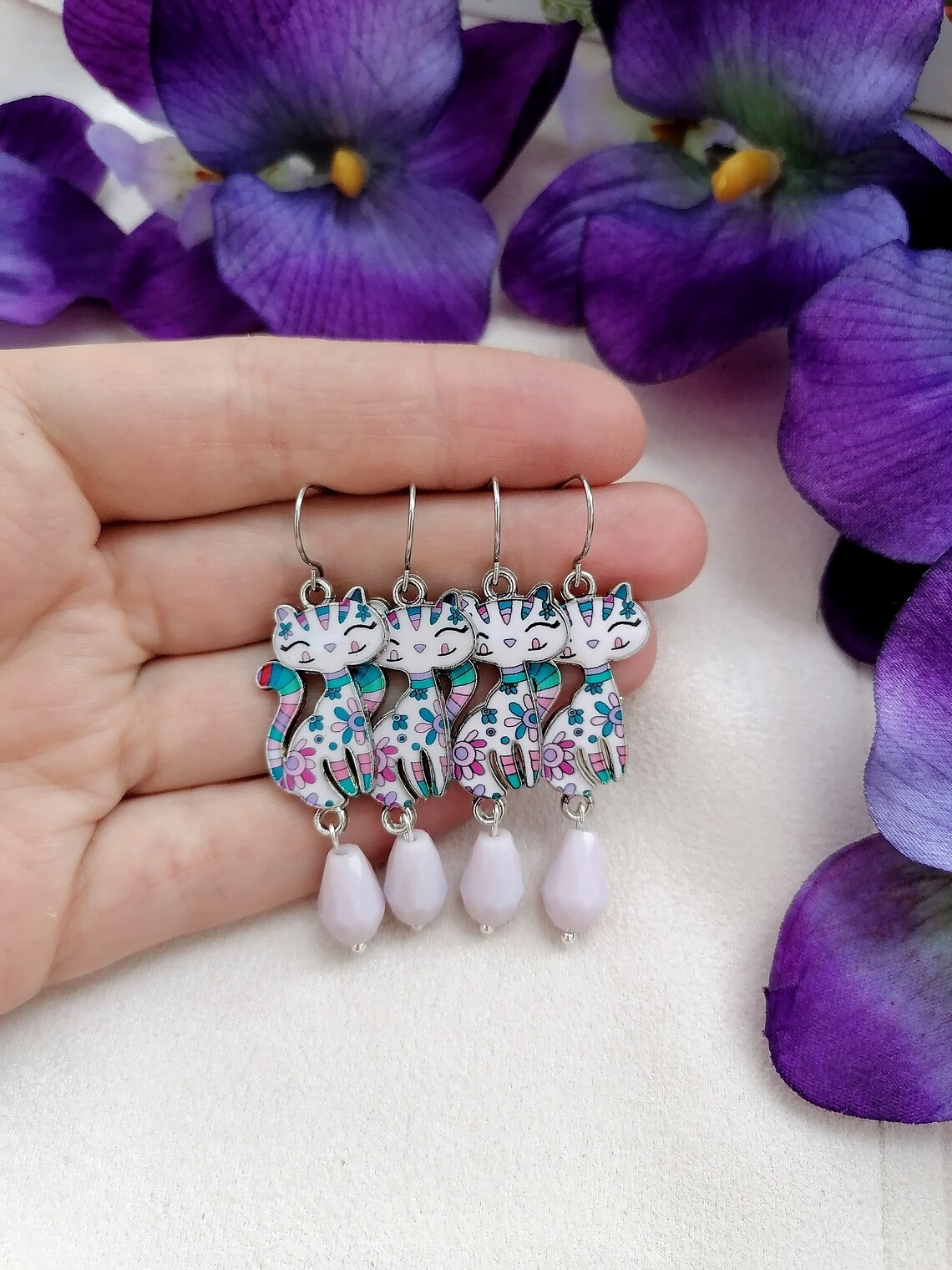 Dangle cat earrings Funny earrings Funny dangle earrings Pink Etsy