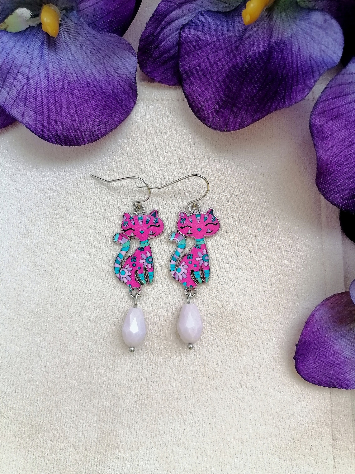 Dangle cat earrings Funny earrings Funny dangle earrings Pink Etsy