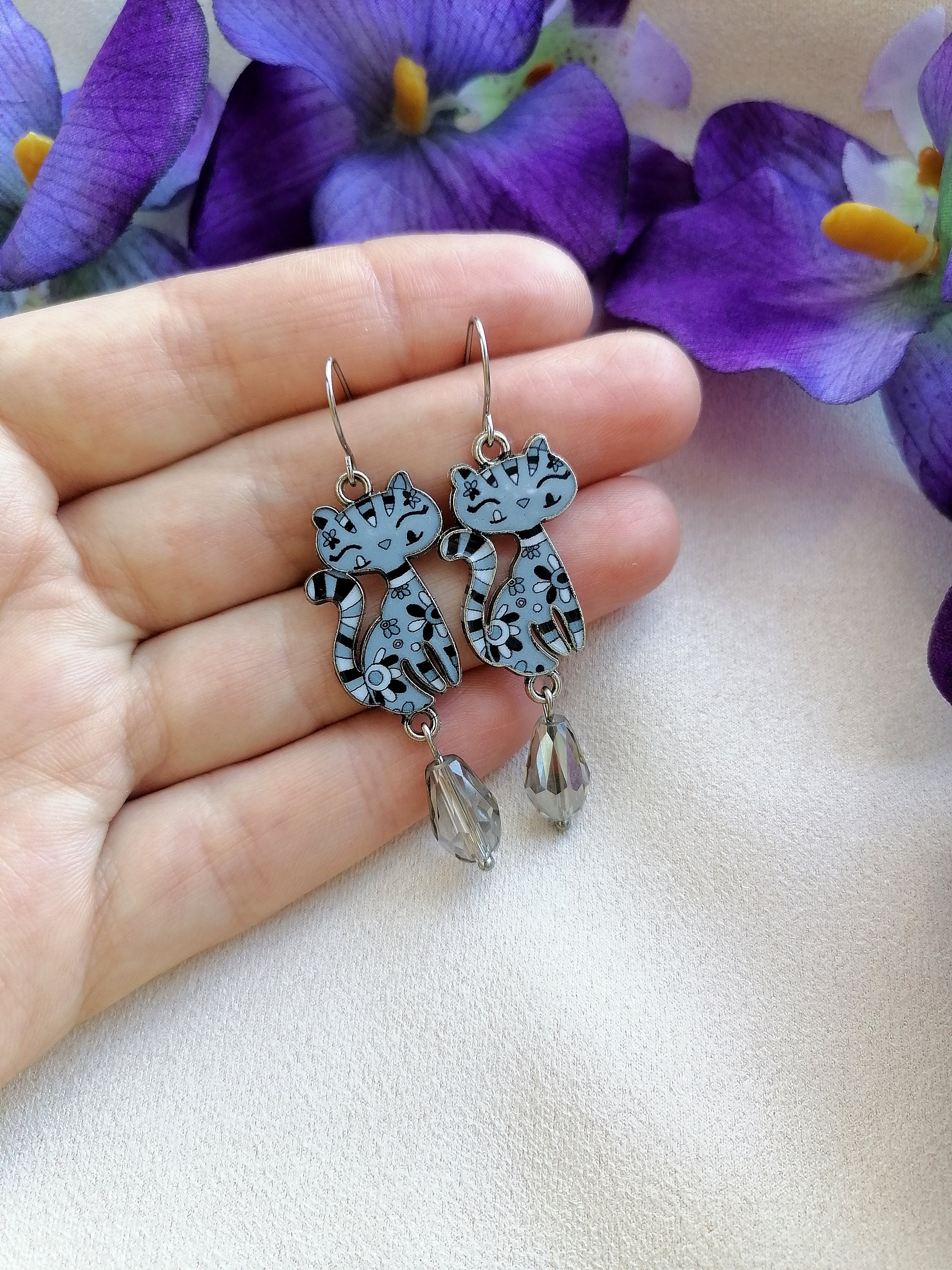 Dangle cat earrings Funny earrings Funny dangle earrings Pink Etsy